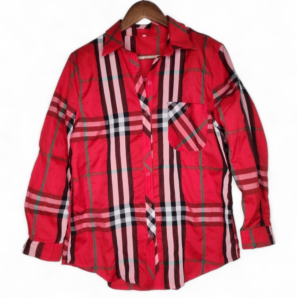 Red Check Plaid Button Front Shirt Size M